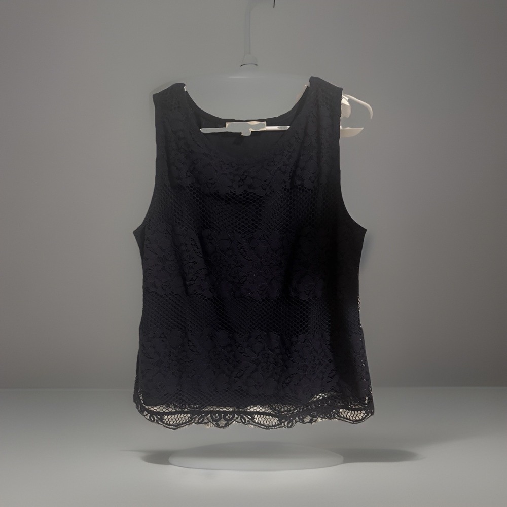 Loft Sleeveless Top Navy Blue Medium Lace Overlay Dressy Tank